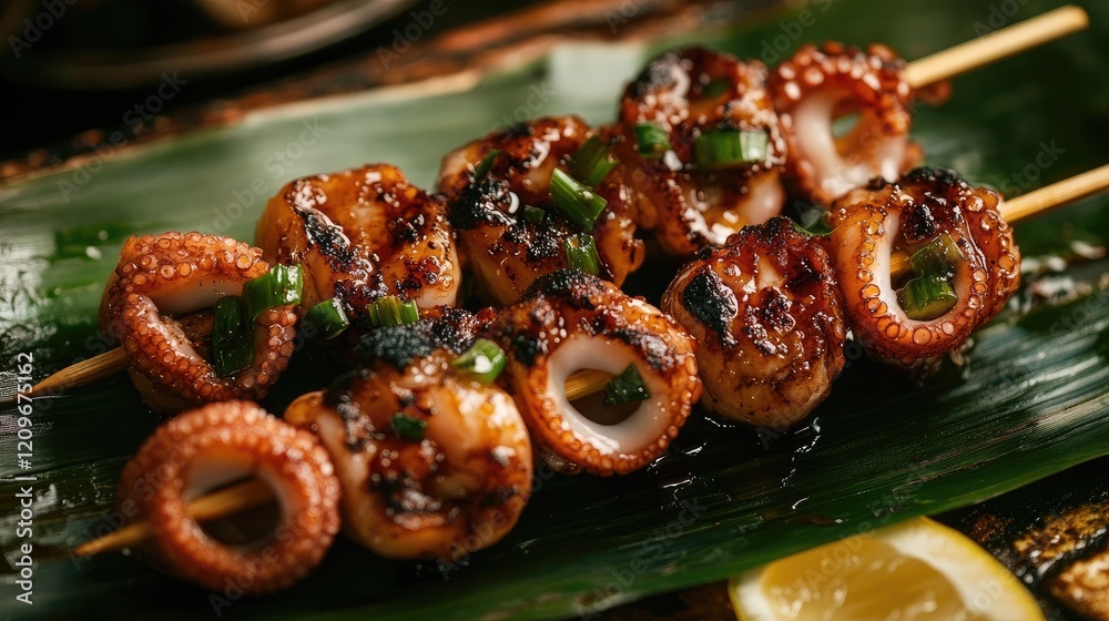 Poster grilled octopus skewers garnished with green onions served on a bamboo leaf with lemon for a delicio