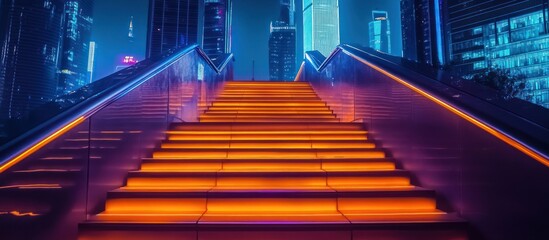 Fototapeta premium Illuminated stairway ascending in a futuristic city at night.