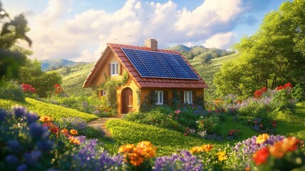 Fototapeta premium Small countryside home, surrounded by lush green fields and flowers