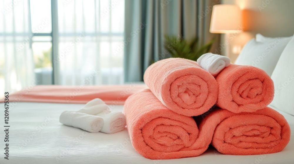 Poster towels stacked neatly on hotel bed with soft coral blankets and bright natural light streaming throu