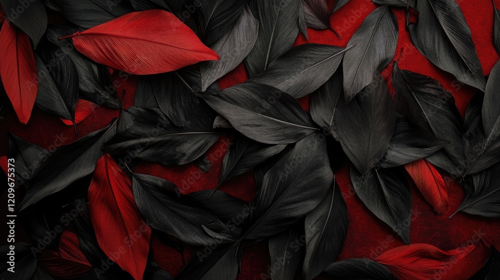 Poster black and red leaves texture with soft feather like appearance on rich dark background