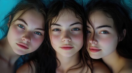 Three young women posing closely together for selfies against a vibrant blue background, showcasing female friendship and youthful beauty with natural expressions.