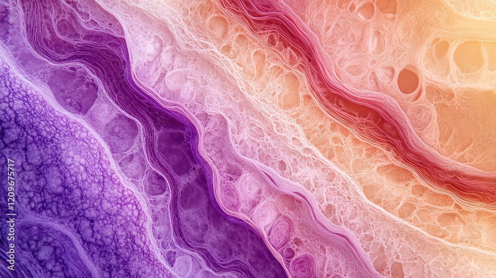 Poster Detailed close-up view of colorful skin layers under a microscope showcasing intricate textures in shades of purple, pink, and orange for anatomical study.