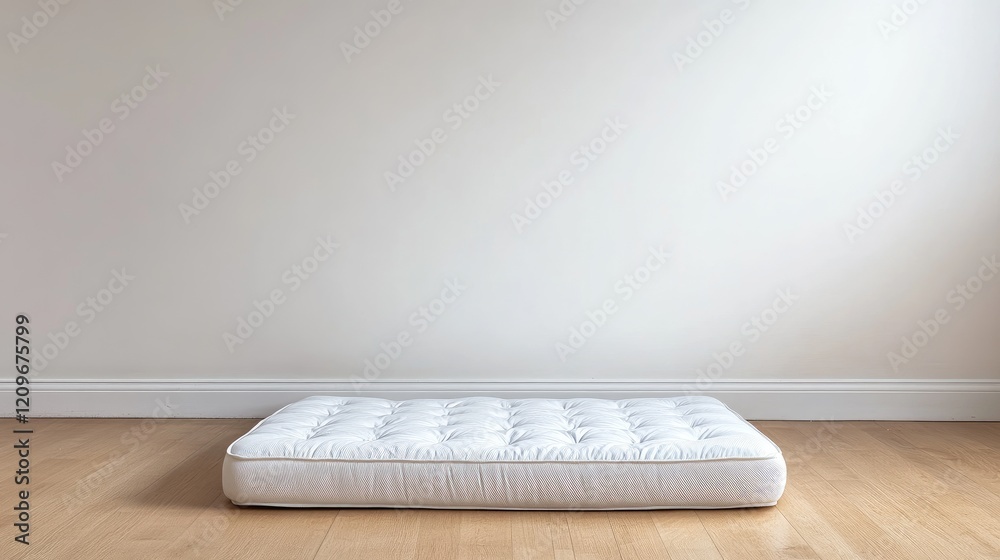 Poster minimalist interior with single mattress on wooden floor against empty white wall emphasizing simpli