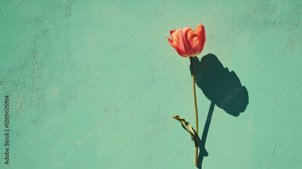 Poster Single pink tulip flower with stem casting shadow on a teal backdrop in a minimalistic floral design setting