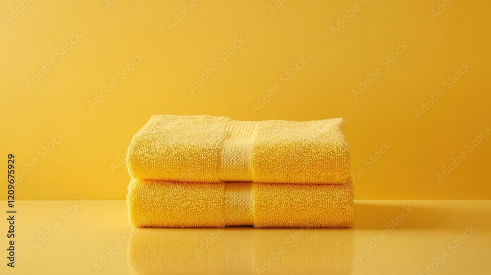 Poster stack of vibrant yellow terry cloth towels on a bright background conveying freshness and cleanlines