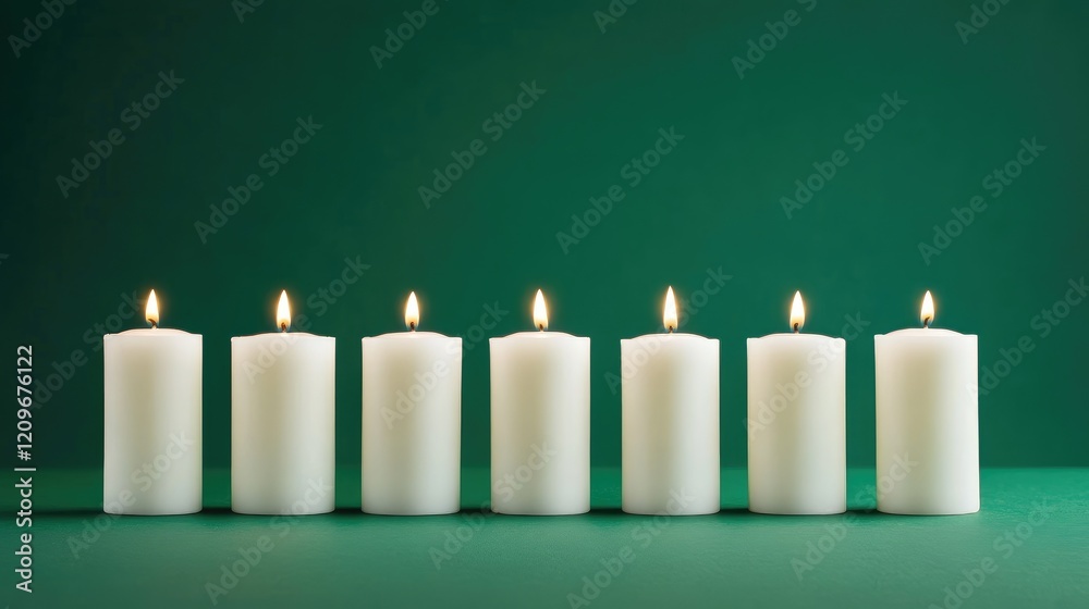 Aufkleber Pillar candles in a row with flames on green backdrop creating a serene ambiance and luxurious decor for various occasions