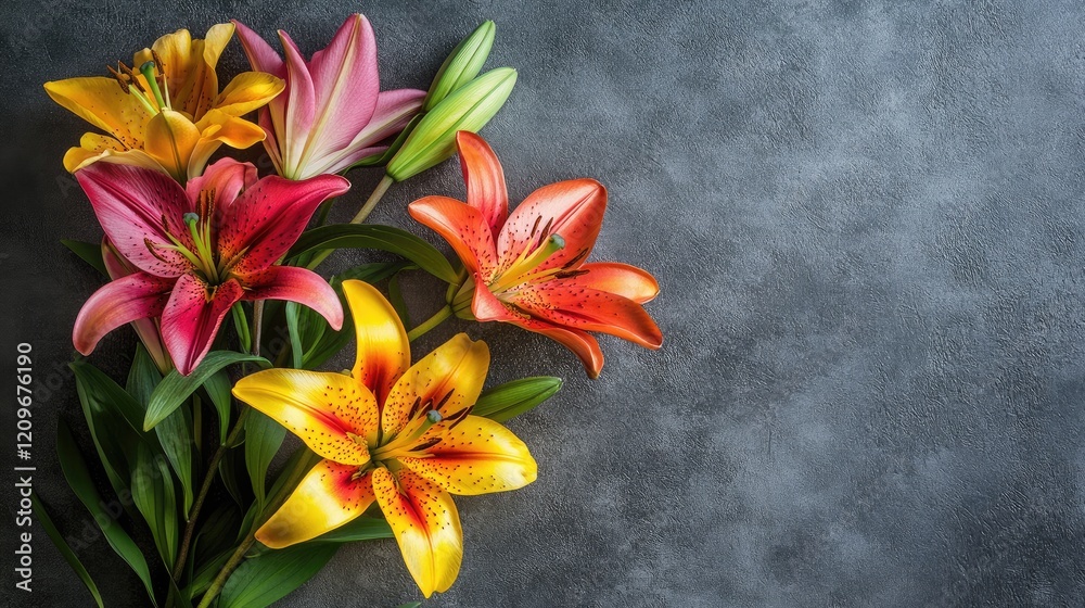 Poster vibrant asiatic lilies arrangement on a textured surface with ample negative space for elegant desig