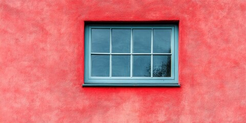 Red textured wall with a centered grey window, featuring six panes reflecting light, enhancing the vibrant color contrast of the scene.