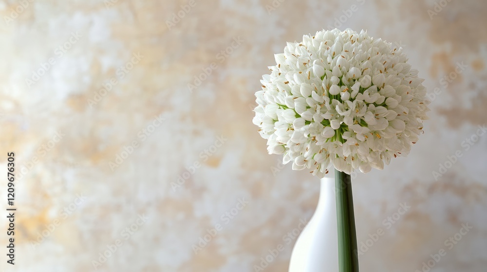 Poster white onion flower arrangement in a simple vase against a soft textured background highlighting natu