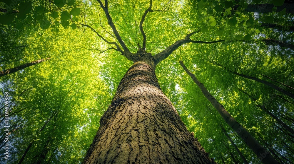Poster lush green forest canopy with majestic tree viewed from below in sunlight
