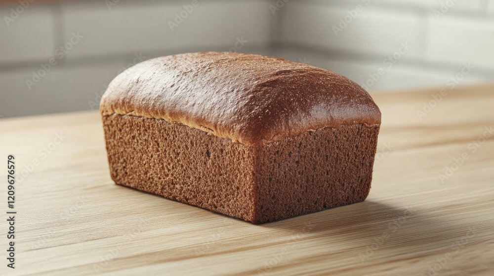 Poster whole grain dark rye bread loaf resting on a light wooden table in a cozy kitchen setting showcasing