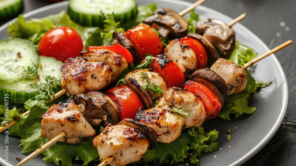 Poster grilled chicken skewers with mushrooms and red pepper served on a fresh salad of lettuce, tomatoes, 