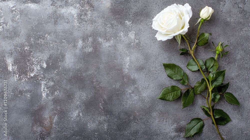 Poster elegant single white rose with green leaves on textured gray background showcasing modern aesthetics