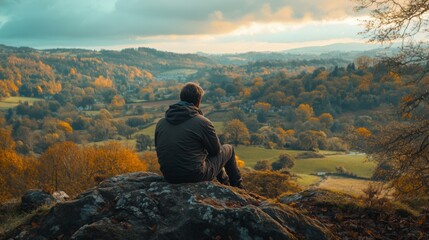 Fototapeta premium A person sitting on a rock gazes at a breathtaking landscape. The vibrant autumn colors paint a serene view. Nature inspires contemplation and peace. Generative AI.