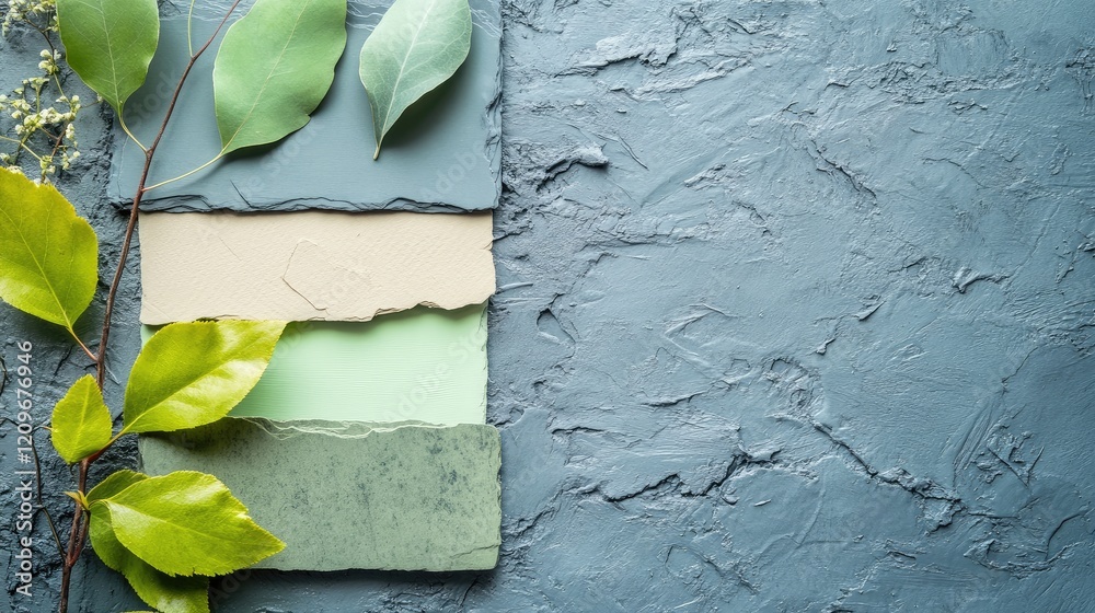Poster Natural Color Palette with Soft Greens and Blues on Textured Grey Background with Leaves and Eco-Friendly Design Elements