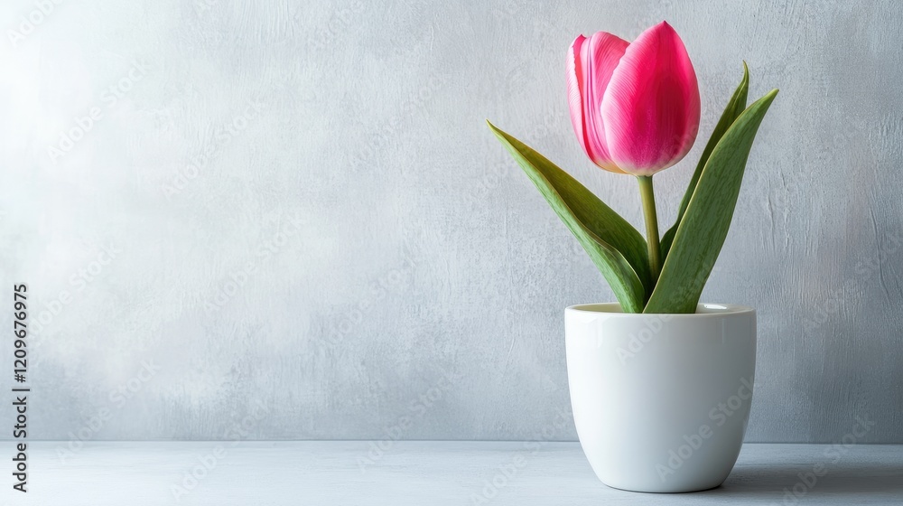 Poster pink tulip in a white ceramic vase against a light grey background showcasing minimalist design and 