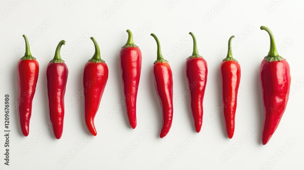 Poster size comparison of varied red chili peppers displayed horizontally on a white background