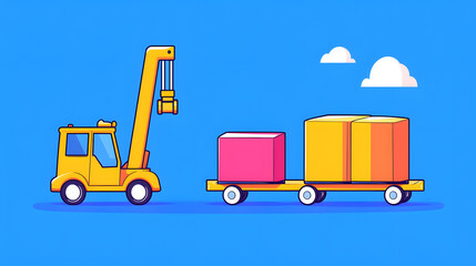 Loading and unloading cargo using a forklift warehouse digital illustration bright blue background side view transport efficiency