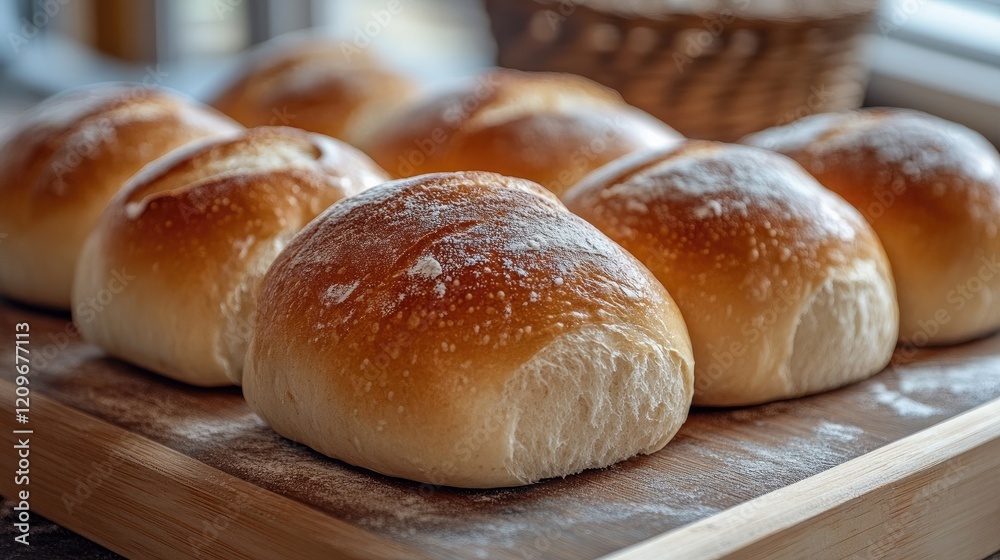 Aufkleber freshly baked artisan bread rolls arranged on a wooden board with a rustic background showcasing the