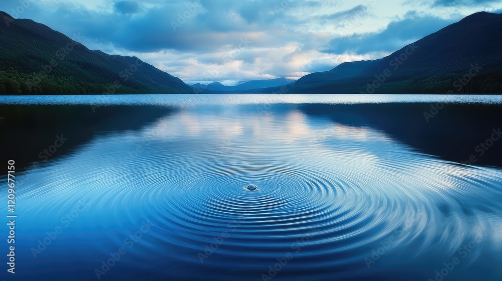 Aufkleber sky blue water droplet falling into serene blue lake surrounded by distant mountains reflecting soft