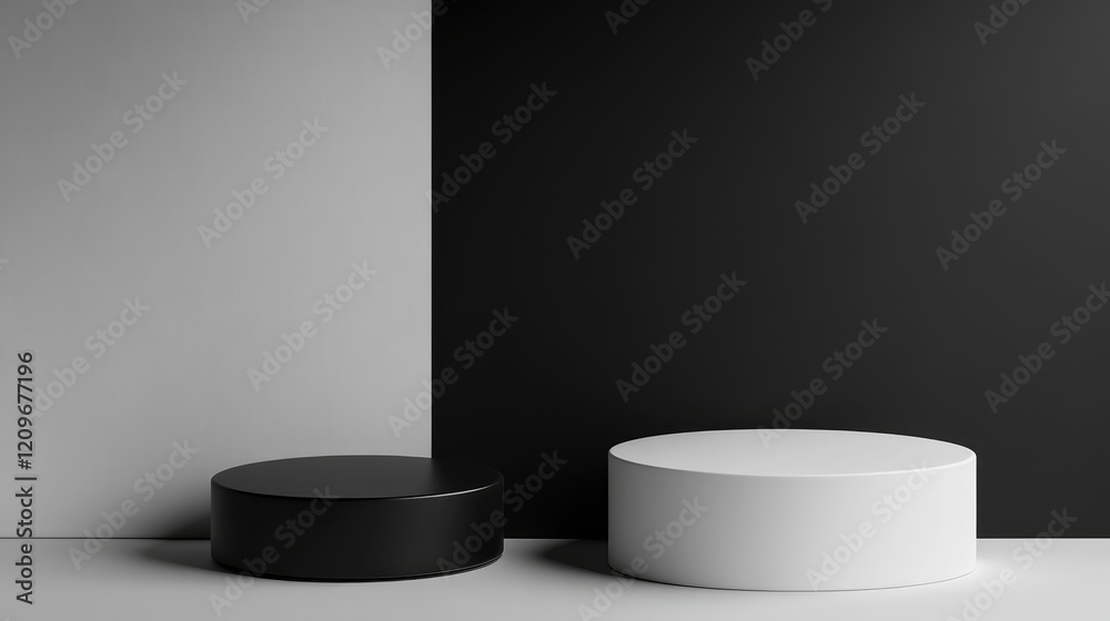 Poster Minimalist Black and White Product Display on Circular Pedestals with Textured Background for Modern Design Concepts