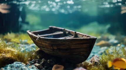Fototapeta premium Macro shot of a weathered wooden boat floating amidst vibrant green aquatic plants in clear water aquarium with colorful pebbles below.