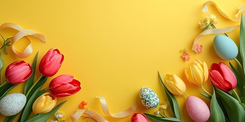 Fototapeta premium Colorful Easter eggs nestled among vibrant red and yellow tulips on a bright yellow background with soft decorative ribbons and space for text.