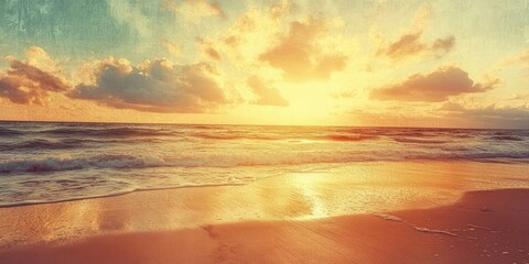 Obraz premium Vintage sunset over a tranquil beach with warm orange and yellow hues reflecting on wet sand, featuring grainy texture and expansive sky.