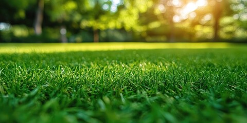Naklejka premium Lush green grass in soft focus with sunlight filtering through trees in the background, creating a serene outdoor ambiance in a park setting.