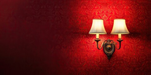 Elegant wall lamp sconce illuminated on the left against rich red textured wallpaper with ample copy space on the right for design elements