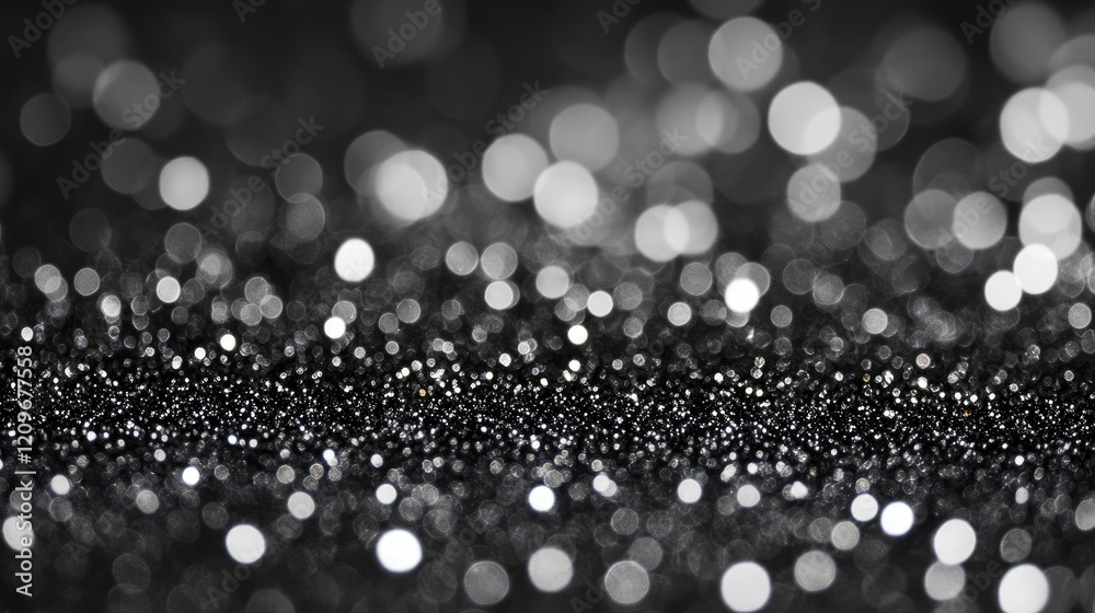 Poster silver glitter on a black background with an abstract bokeh effect creating a shimmering and elegant
