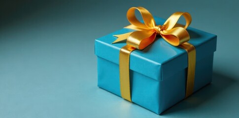 Gold ribbon wrapped around a blue gift box on a table, wrapping paper, table