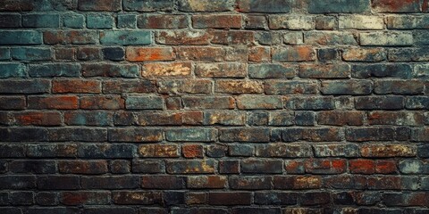 Vintage brick wall texture featuring dark brown, reddish, and gray stones with scattered lighter hues, ideal for backgrounds and ample copy space.