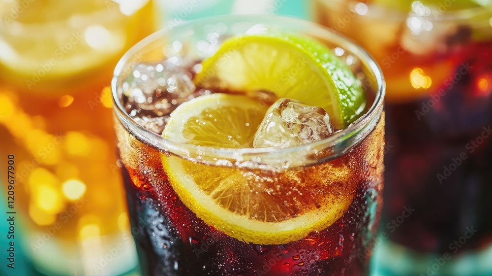 Aufkleber refreshing soft drinks with lemon and lime slices in plastic glasses ideal for summer gatherings and