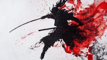 Abstract ink painting of samurai warrior, dramatic black and red splashes, traditional Japanese art style, dynamic pose, intense and captivating visual impact © Nataliia
