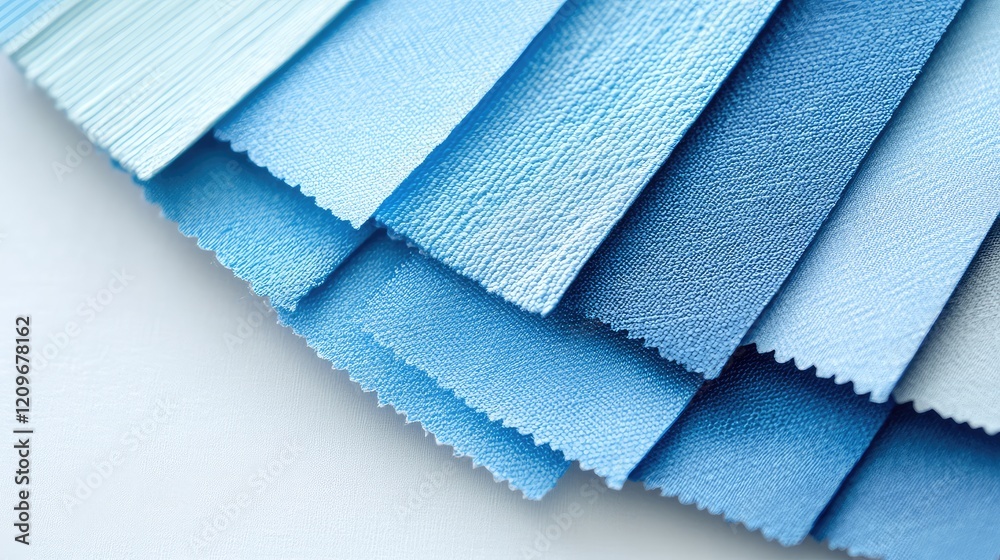 Poster soft sky blue fabric swatches in various textures displayed on a light neutral background trendy and