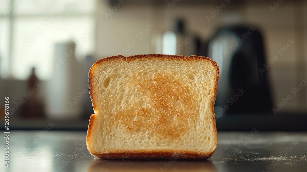 Aufkleber freshly toasted slice of bread on kitchen counter with modern appliances in soft focus background