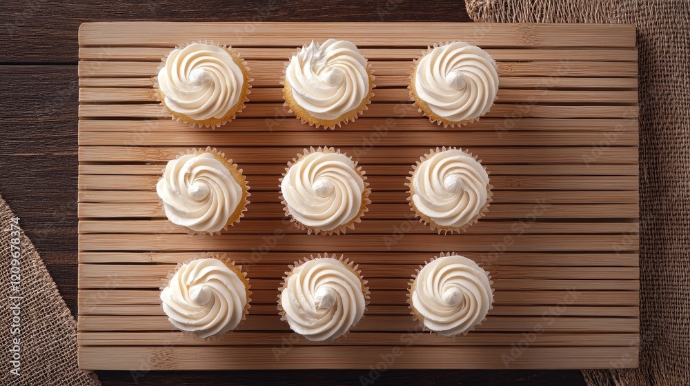 Poster nine elegantly swirled cupcakes arranged on a wooden mat with ample copy space for promotional or de