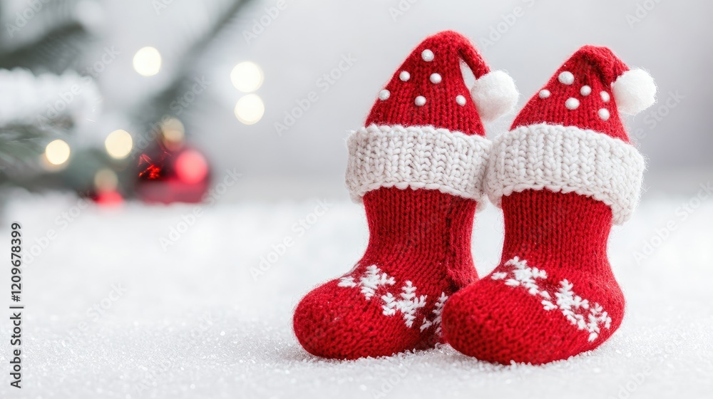Poster christmas themed sock protectors styled as elf hats on a snowy white background with festive decorat