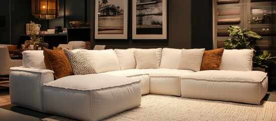 Elegant modern white sectional sofa in a cozy living room showcasing stylish interior design and home decor elements.