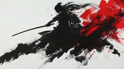Abstract ink painting of samurai warrior, dramatic black and red splashes, traditional Japanese art style, dynamic pose, intense and captivating visual impact © Nataliia