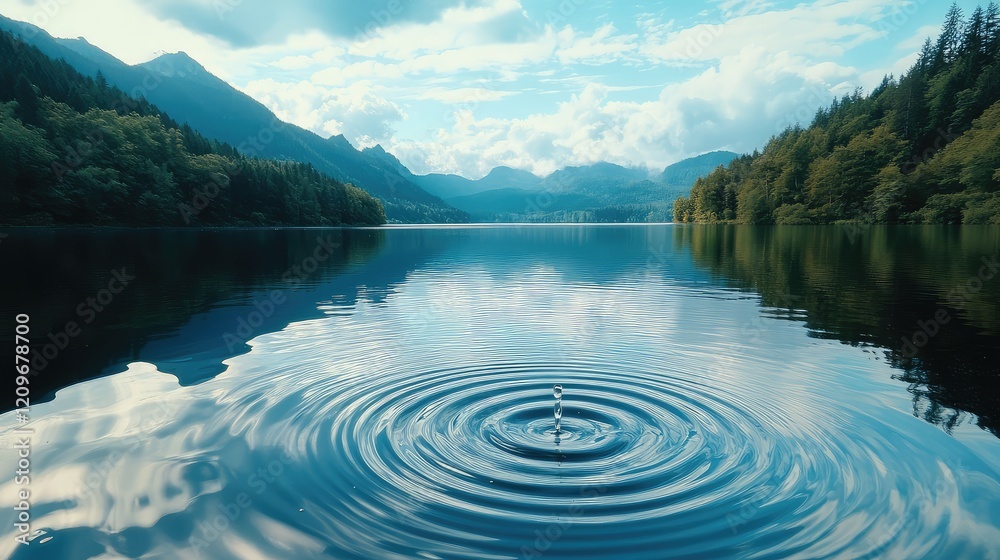 Aufkleber cascading water droplet in sky blue reflections creating gentle ripples on serene turquoise lake sur