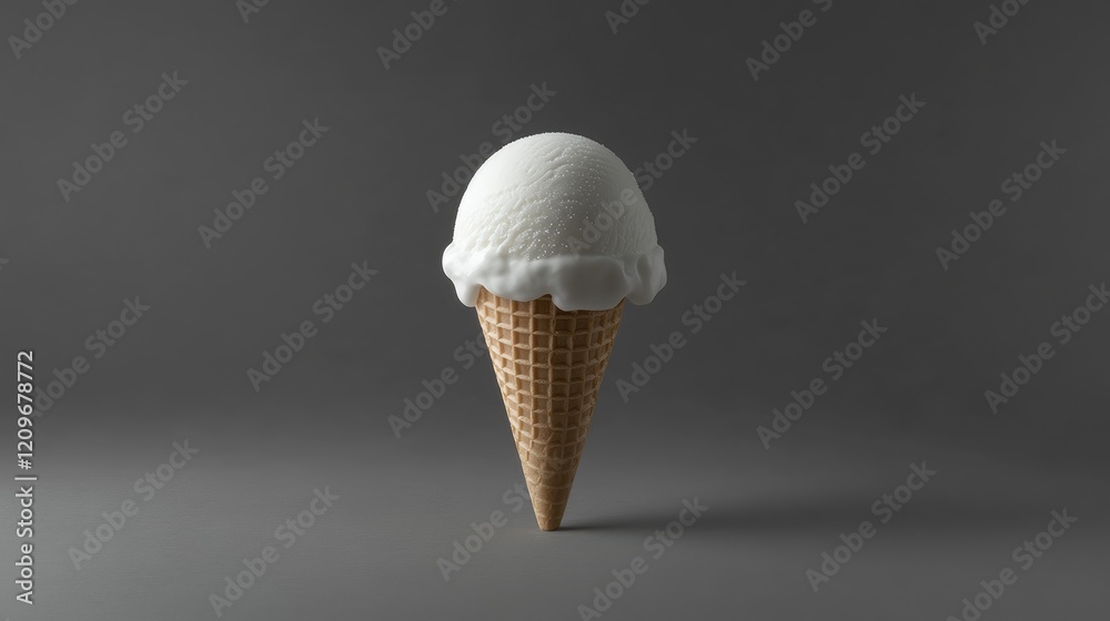 Poster single scoop ice cream ball in vintage glass cone on gray background with ample copy space showcasin