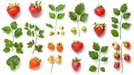 Fresh Strawberries and Green Leaves Arranged Artistically on White Background for Culinary and Food Photography