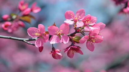 Obraz premium Cerise pink blossoms of a decorative flowering species enriching the garden landscape with vibrant colors during the spring season