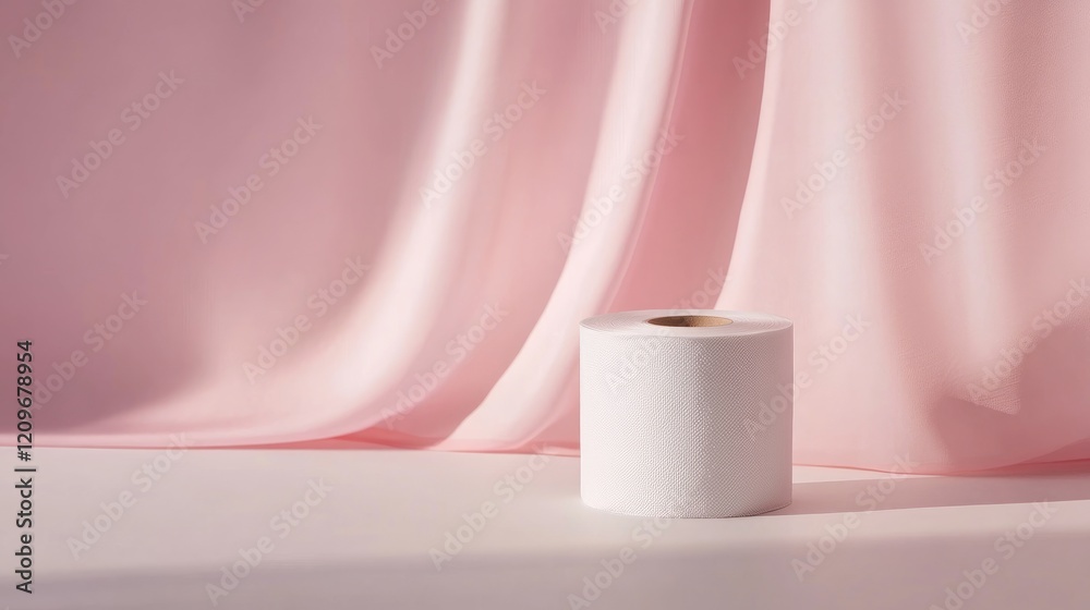 Poster White toilet paper roll on a soft pastel background with flowing fabric creating a serene and clean aesthetic for product displays