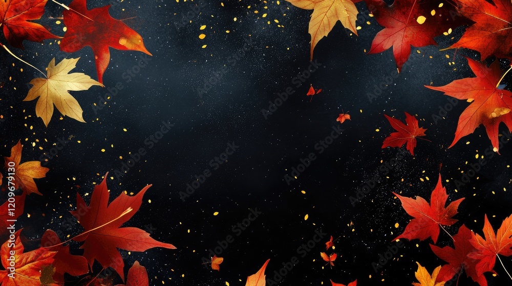 Poster Autumn Maple Leaves Falling on Dark Foggy Background Creating a Serene and Tranquil Atmosphere of Nature's Beauty in Fall Season