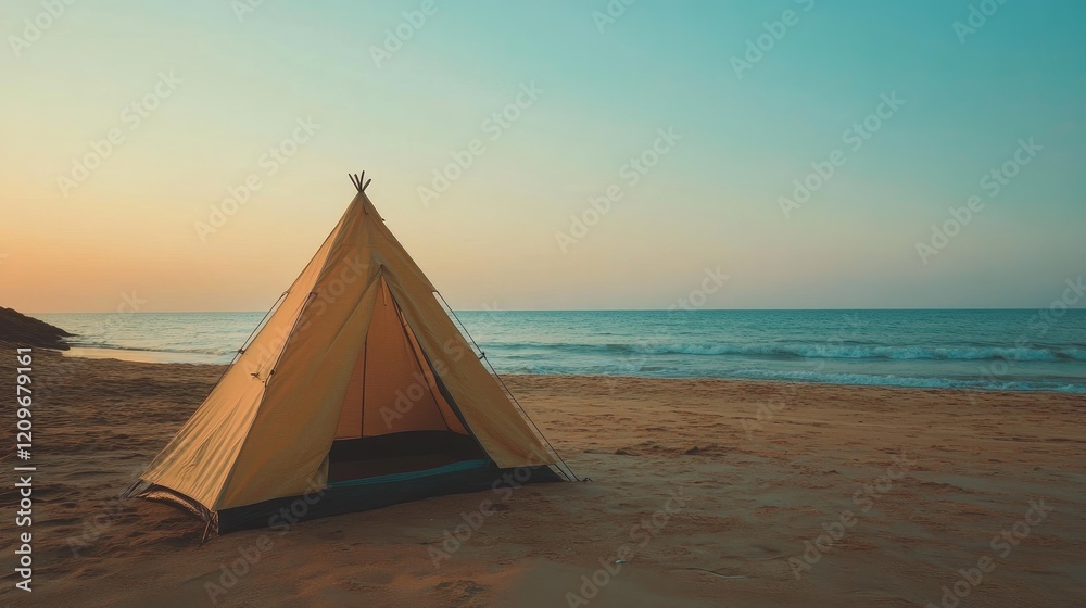 Poster tent by the tranquil beach during sunset with gentle waves and a serene atmosphere perfect for relax