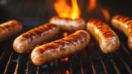 Grilling Juicy Sausages Over Flames at Summer Barbecue with Smoke Rising from Charcoal Grill